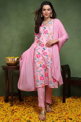 Pink printed blended cotton stitched readymade suit