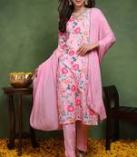 Pink printed blended cotton stitched readymade suit