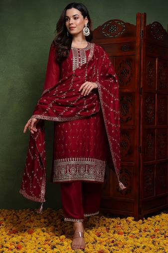Maroon embroidered silk blend stitched readymade suit