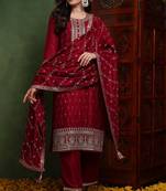 Maroon embroidered silk blend stitched readymade suit