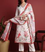 White printed blended cotton stitched readymade suit