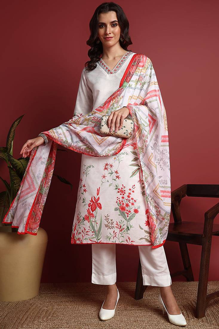 White printed blended cotton stitched readymade suit