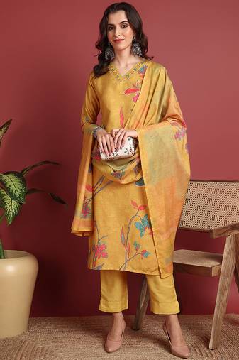 Mustard printed silk blend stitched readymade suit