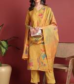 Mustard printed silk blend stitched readymade suit