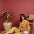 Mustard printed silk blend stitched readymade suit