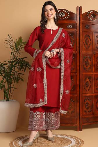 Maroon embroidered silk blend stitched readymade suit