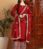 Maroon embroidered silk blend stitched readymade suit