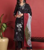 Black printed silk blend stitched readymade suit