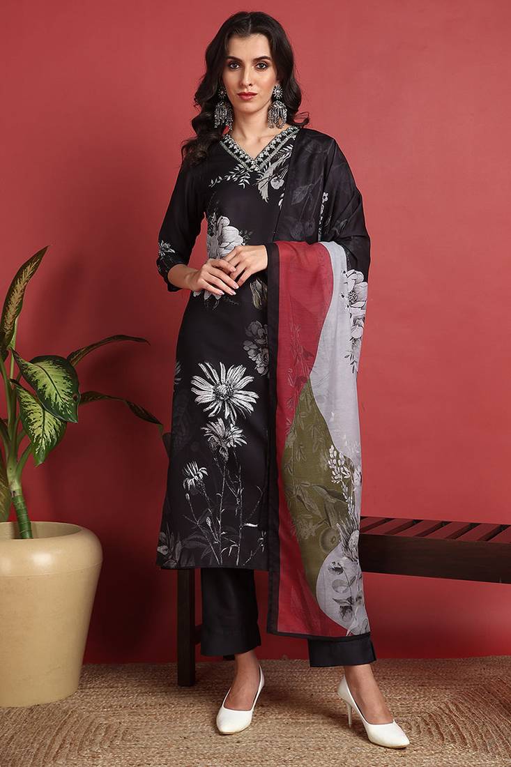 Black printed silk blend stitched readymade suit