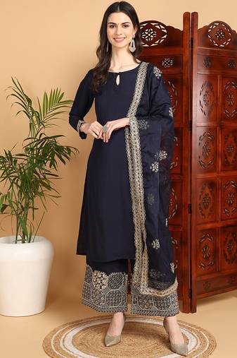 Blue embroidered silk blend stitched readymade suit