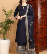 Blue embroidered silk blend stitched readymade suit