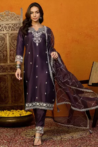 Purple embroidered silk blend stitched readymade suit