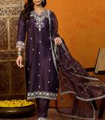Purple embroidered silk blend stitched readymade suit