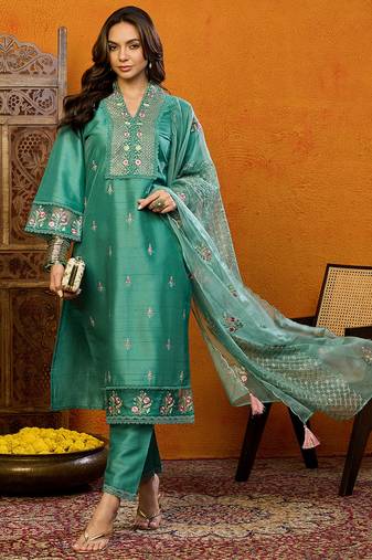 Teal embroidered silk blend stitched readymade suit