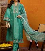 Teal embroidered silk blend stitched readymade suit