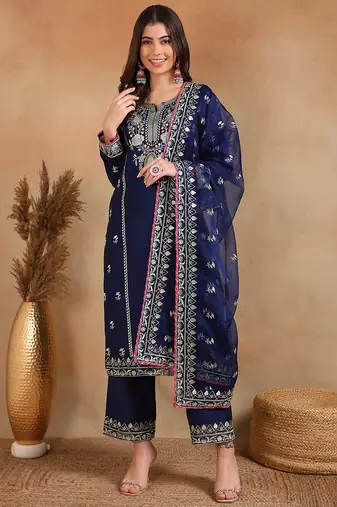 Blue plain silk blend stitched readymade suit