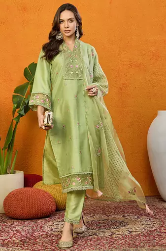 Green embroidered silk blend stitched readymade suit