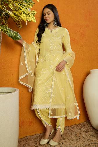 Yellow embroidered organza stitched readymade suit