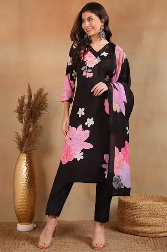 Black printed blended cotton stitched readymade suit