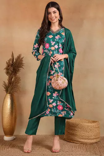 Green printed polyester stitched readymade suit
