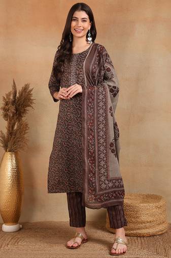 Grey printed blended cotton stitched readymade suit