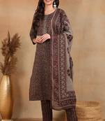 Grey printed blended cotton stitched readymade suit