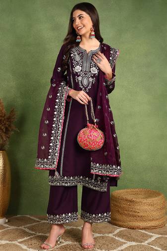 Purple embroidered silk blend stitched readymade suit