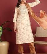 Brown embroidered viscose rayon stitched readymade suit