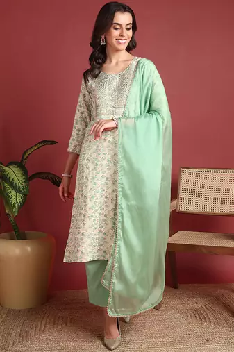 Green embroidered viscose rayon stitched readymade suit
