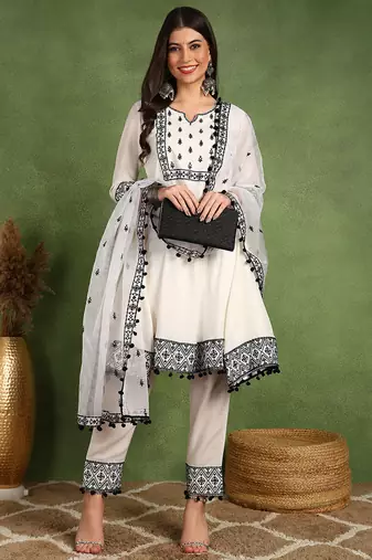White embroidered silk blend stitched readymade suit