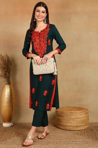 Green embroidered viscose rayon stitched readymade suit