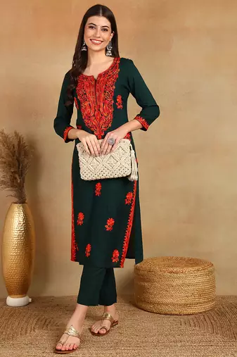 Green embroidered viscose rayon stitched readymade suit