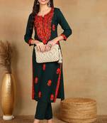 Green embroidered viscose rayon stitched readymade suit