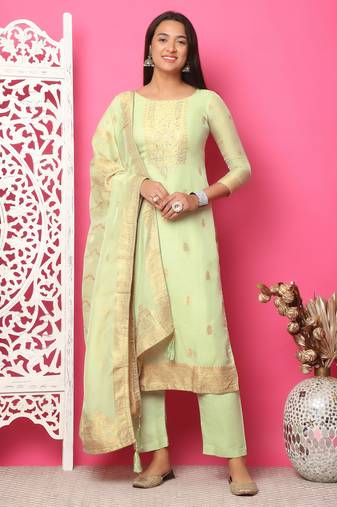 pista green silk jacquard dress material