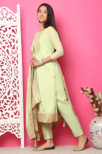 pista green silk jacquard dress material