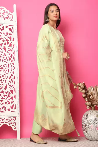 pista green silk jacquard dress material
