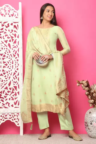 pista green silk jacquard dress material