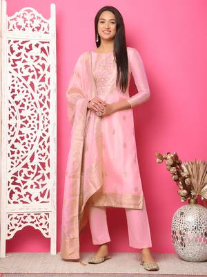 pink silk jacquard dress material 1