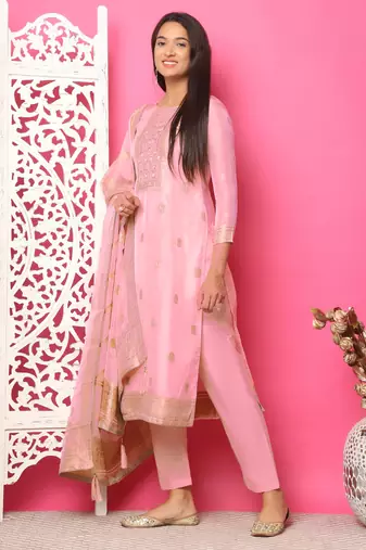 pink silk jacquard dress material