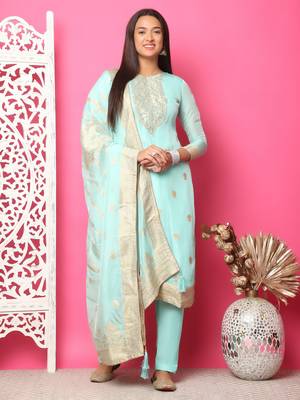 turquoise silk jacquard dress material 1