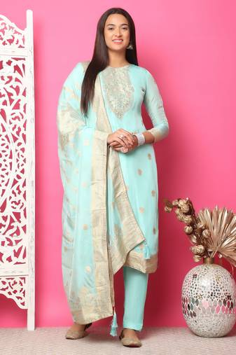 turquoise silk jacquard dress material