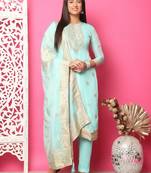 turquoise silk jacquard dress material