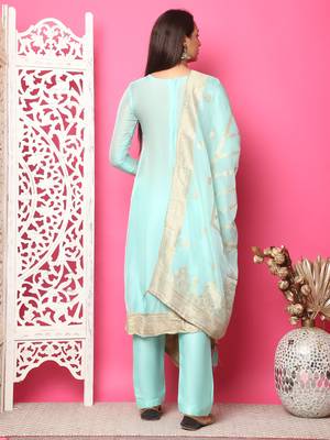 turquoise silk jacquard dress material 2