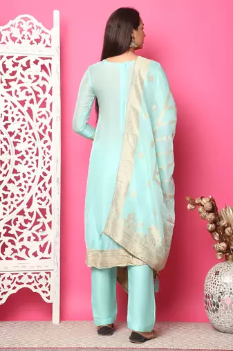 turquoise silk jacquard dress material