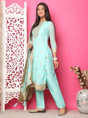 turquoise silk jacquard dress material 3