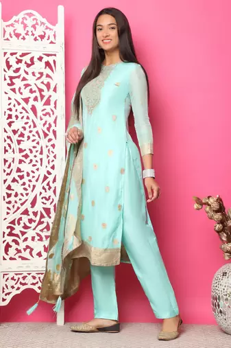 turquoise silk jacquard dress material