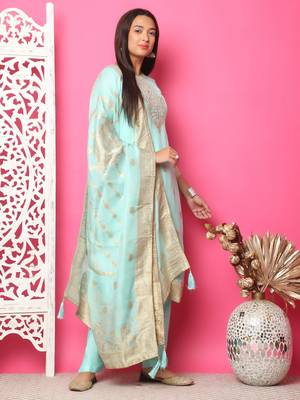 turquoise silk jacquard dress material 4