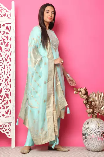 turquoise silk jacquard dress material