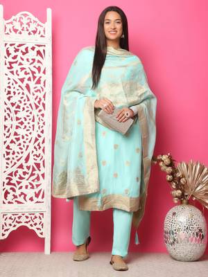 turquoise silk jacquard dress material 5