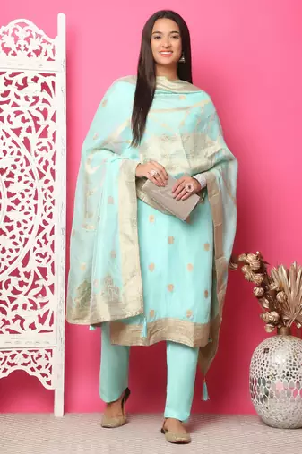 turquoise silk jacquard dress material